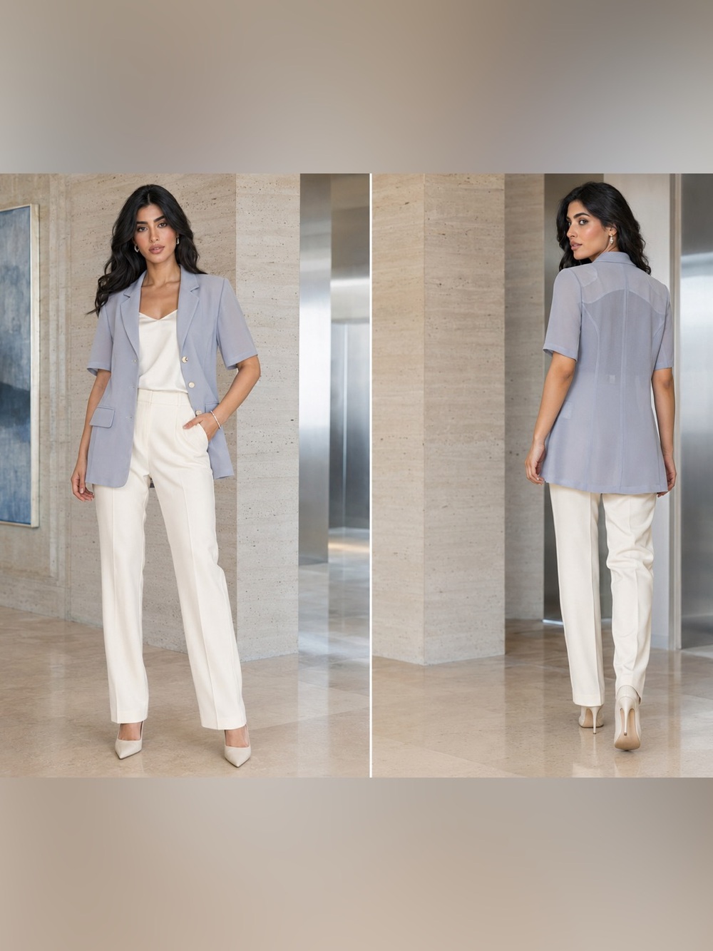 Leech High Fashion Sheer Blue Short-Sleeve Longline Blazer